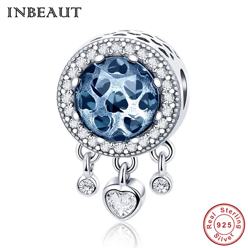 

INBEAUT 925 Sterling Silver Bright Blue Cubic Zirconia Heart Beads Pure S925 Silver 3 White Zircon Charm fit Original Bracelet