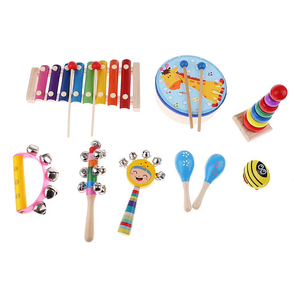 9Pcs Orff World Educational Wooden Musical Instrument Percussion Drums Bell Children's Toys Gift Stimulate baby's sensory 