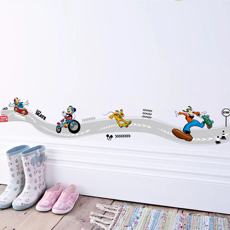 Disney Mickey Mouse Play Skateboard Funny Skiting Line Wall Stickers For Home Kitchen Kid Room Decor PVC Mural Wall Art Decals