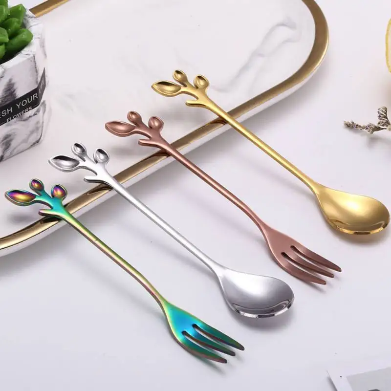 

Exquisite Branch Shape Spoon Stirring Coffee Spoon Leaf Fruit Fork Gift Titanium Colorful Plated Specialty Tableware