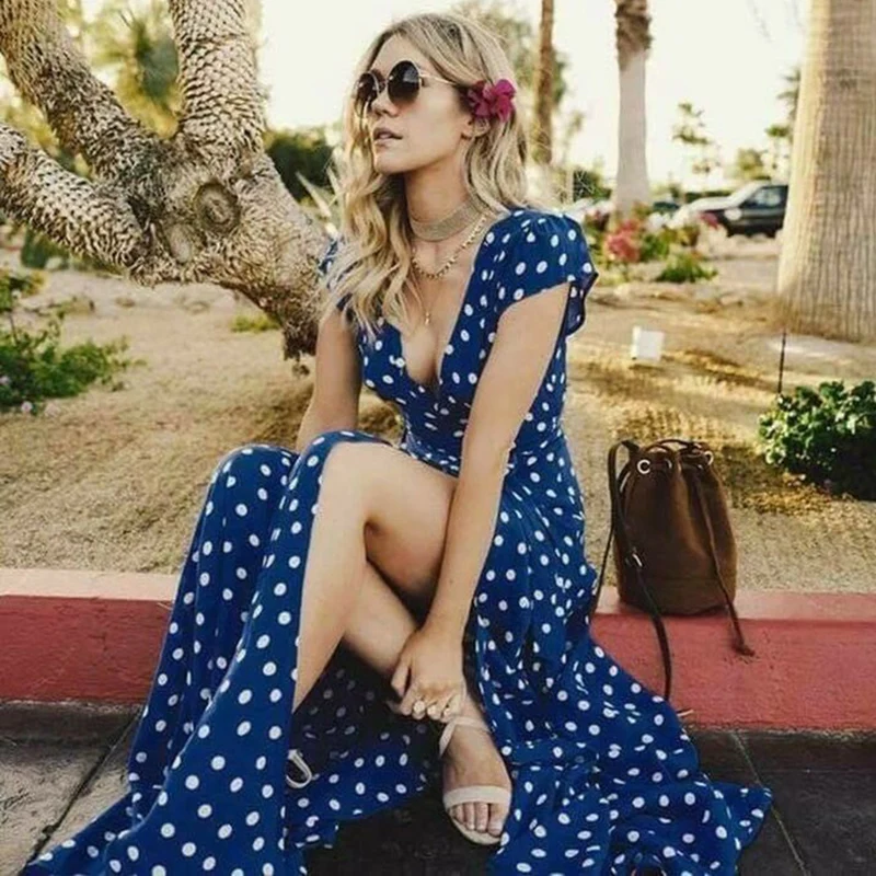

Women Summer Dress Bohemian Dot V-Neck Dress