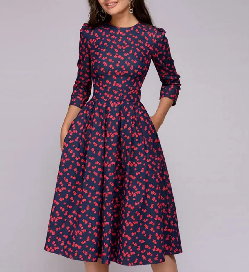 LUZUZI женское элегантное платье трапециевидной формы винтажные вечерние платья с принтом три четверти рукав женское тонкое летнее платье - Цвет: 03