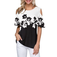Женская футболка Летняя с открытыми плечами с цветочным принтом, короткий рукав, женская футболка с круглым вырезом, рукав в виде бабочки, повседневный camiseta de mujer D30