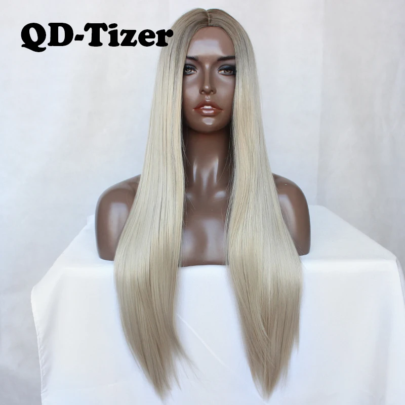 

QD-Tizer Ombre Brown Blonde Color Wigs Long Straight Wig Silky Soft Synthetic No Lace Wig Glueless HeatResistant For Black Women