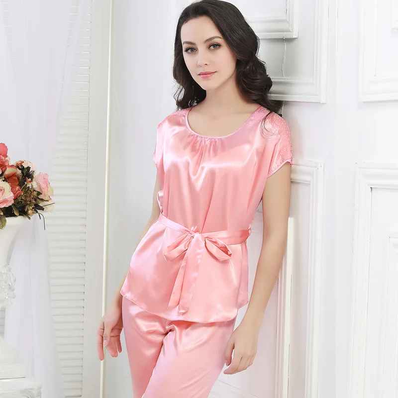Spring and autumn simulation silk skinny pajamas ladies short-sleeved pants two-piece large size home service summer | Мать и ребенок