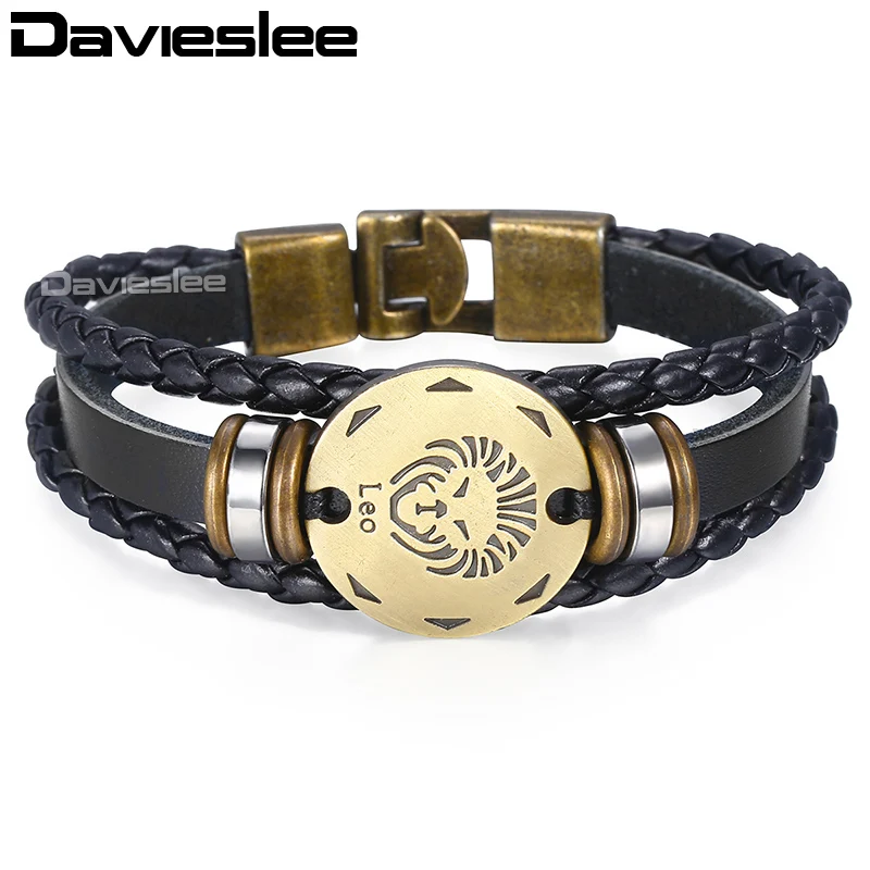 

Davieslee 12 Zodiac Sign Horoscope Leather Bracelet For Men Vintage Retro Charm Men's Bracelet Male Jewelry 2018 Gifts LLBM136A