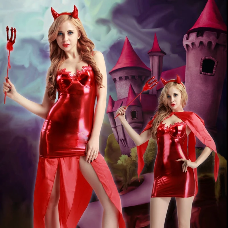 

JSY Female Demon Costume Cosplay Dress Devil Role Play Suit Red Halter Push Up Cup Dress for women demon uniform outfit 9925