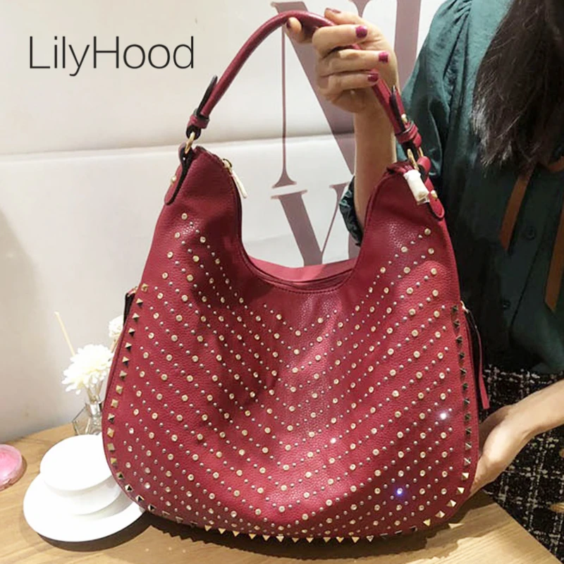 

Diamonds Rivet Hobo Shoulder Bag Female Quality PU Leather Rhinestone Crystal Glitter Bling Bling Big Messenger Top-handle Bag