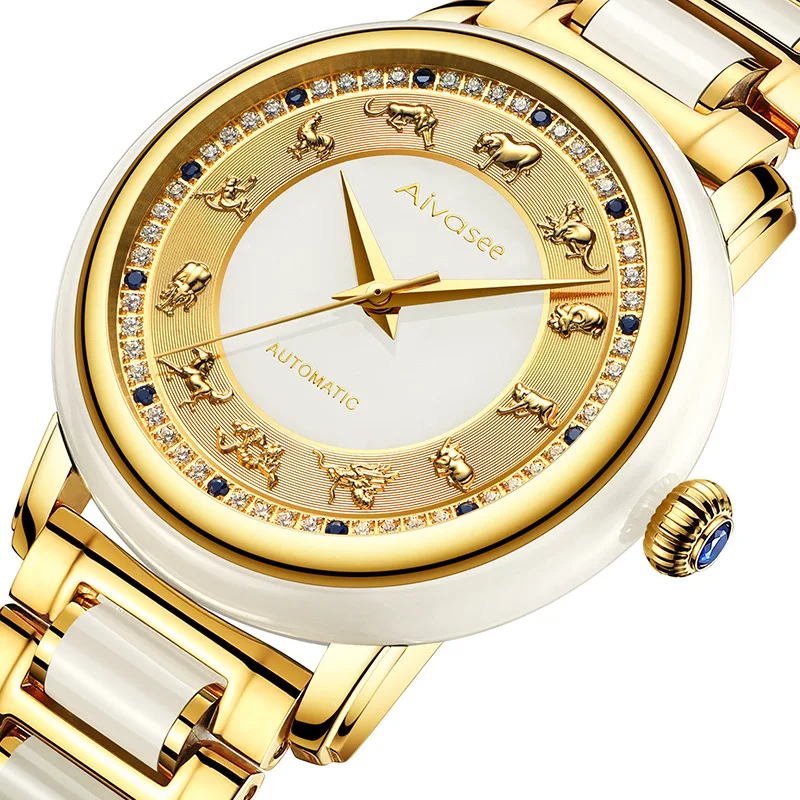 Креативные мужские часы со шкалой зодиака белого нефрита, Топ бренд, роскошные часы с сапфировым циферблатом, пара автоматических механических часов, женские водонепроницаемые часы