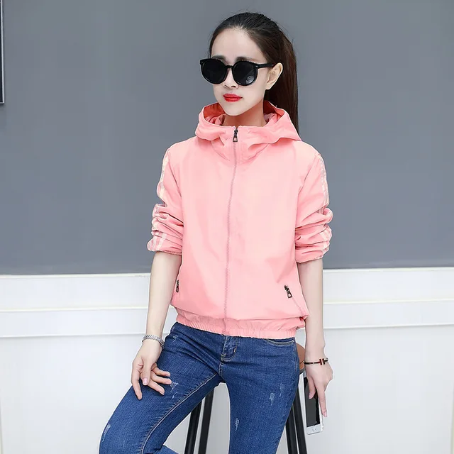 2019 Women Harajuku Spring Zipper Hooded Loose Casual Big Windbreaker