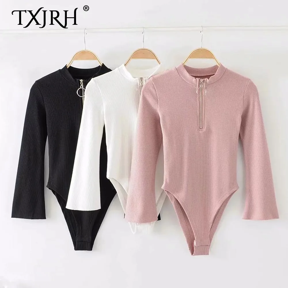 

TXJRH Sexy Zipper O-Neck Body Siamese Long Sleeve Skinny Tight Rompers Bodysuits Fashion Women Slim Undershirt Playsuits 3 Color