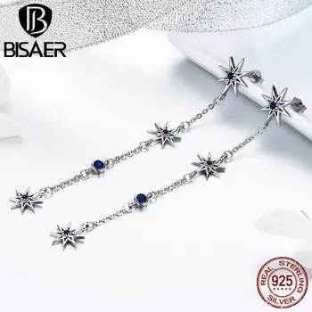 

BISAER 925 Sterling Silver Luminous Star Dangle Long Chain Women Earrings Fashion Star Earrings Women Jewelry Brincos EFE060