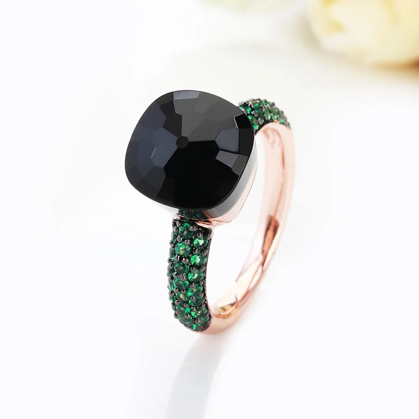 Модное ювелирное изделие из розового золота с черным покрытием кольцо с зеленым Цирконом подарок 14 цветов