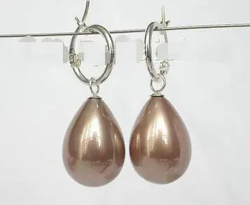 

FREE SHIPP >>new hot Dangle 15*12mm drip light coffee sea shell pearls earring 925 silver Loop j8513