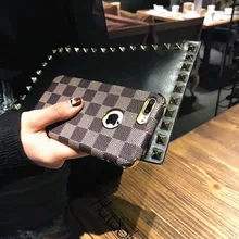 Grid case For iphone 7 Shockproof Flip pu leather cover case For iphone X 6 6s 7 8 Plus 7plus Famous Brand Case with Logo hole