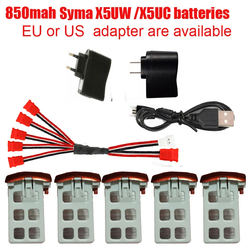 

Syma X5UW Syma X5UC RC Quadcopter Battery Capacity 3.7V 850mAh Lipo Battery RC Drone and Charger 5-1 Cable