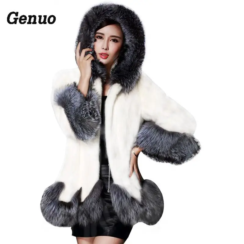 Winter Faux Fur Coat Women Fox Fur Collar Hooded Mink White and Black Fur Coat Medium-long Overcoat Genuo Luxury Winter Coat