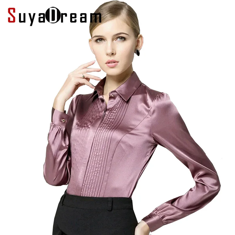 Pure Mulberry Silk Blouse Women Long Sleeve Work Brand Solid Darts