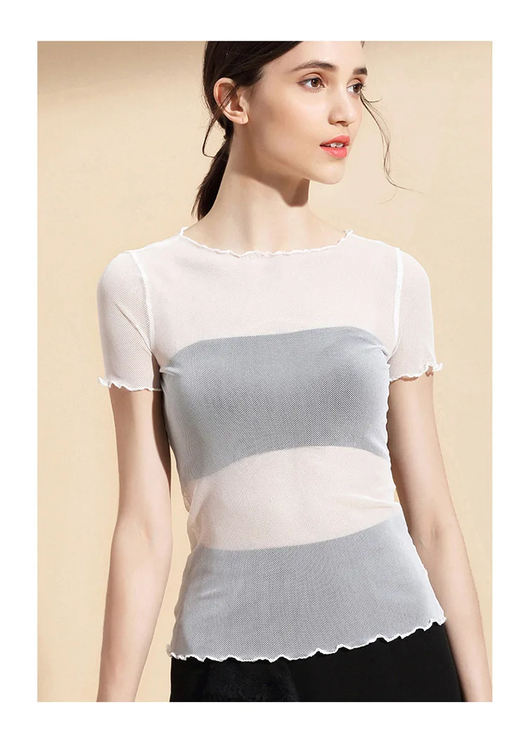 Moda jihan женская рубашка, сеточные с коротким рукавом, обрезные топы, перспектива, Прозрачные топы, черно-белые футболки для женщин