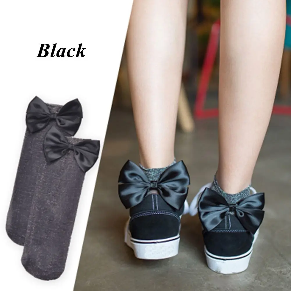 1 пара, модные женские блестящие сетчатые носки с бантиком и сеткой, низкие трикотажные носки по щиколотку, хороший подарок для влюбленных или друзей - Цвет: Черный