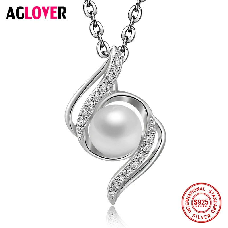 

Christmas Hot Sale 925 Sterling Silver Zircon Pearl Necklace Fashion Woman 6mm Pearl Pendant Glamour Jewelry 50cm Long Necklace