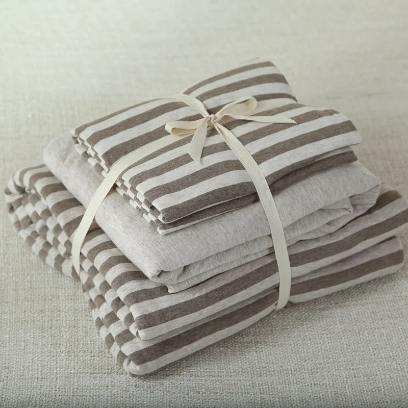 4pcs 100% Cotton Excellent Quality Jersey Knit bedding sets queen king size Coffee color striped 