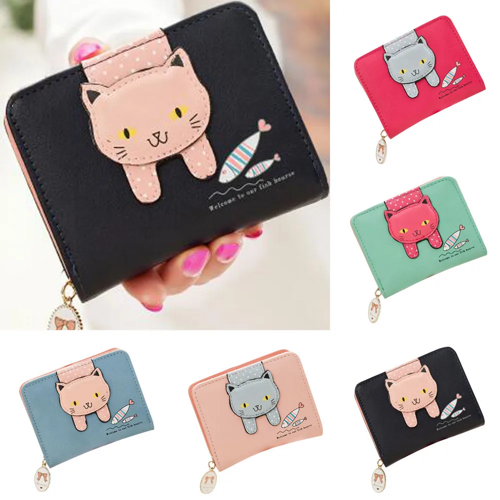 Women cute cat wallet small zipper girl wallet brand designed pu