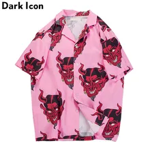  Devil Full Printing Turn-down Collar Casual Shirts Men 2018 Summer High Street Men's Shirts Pink /Purple 
