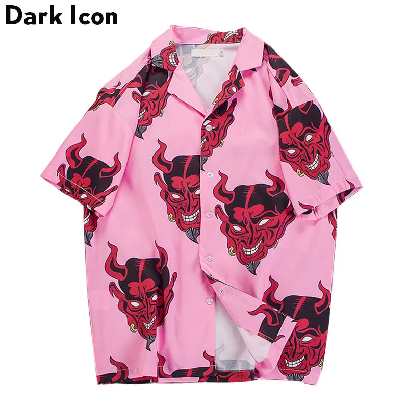 Vente Diable Plein Impression Turn down Collar Casual Chemises Hommes 2018 D été High Street Hommes de Chemises Rose Violet