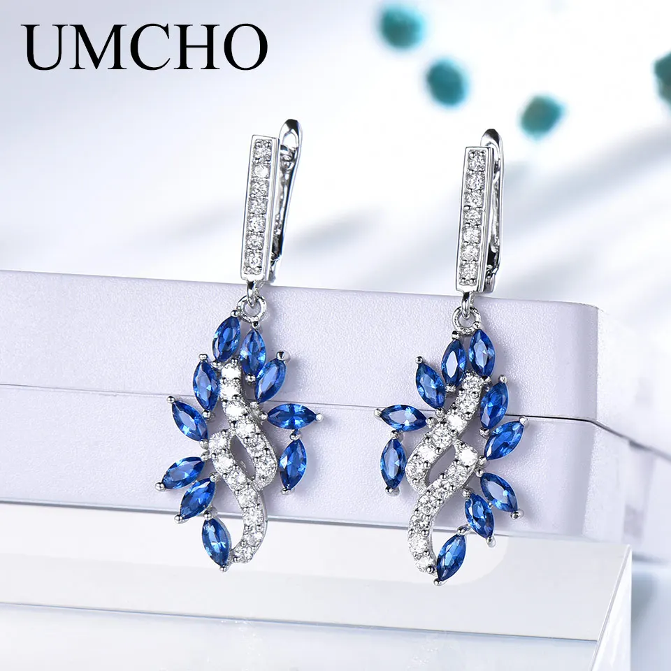 UMCHO Real 925 Sterling Silver Korean Clip Earrings Created Sapphire Gemstone For Women Wedding Gift Fine Jewelry | Украшения и