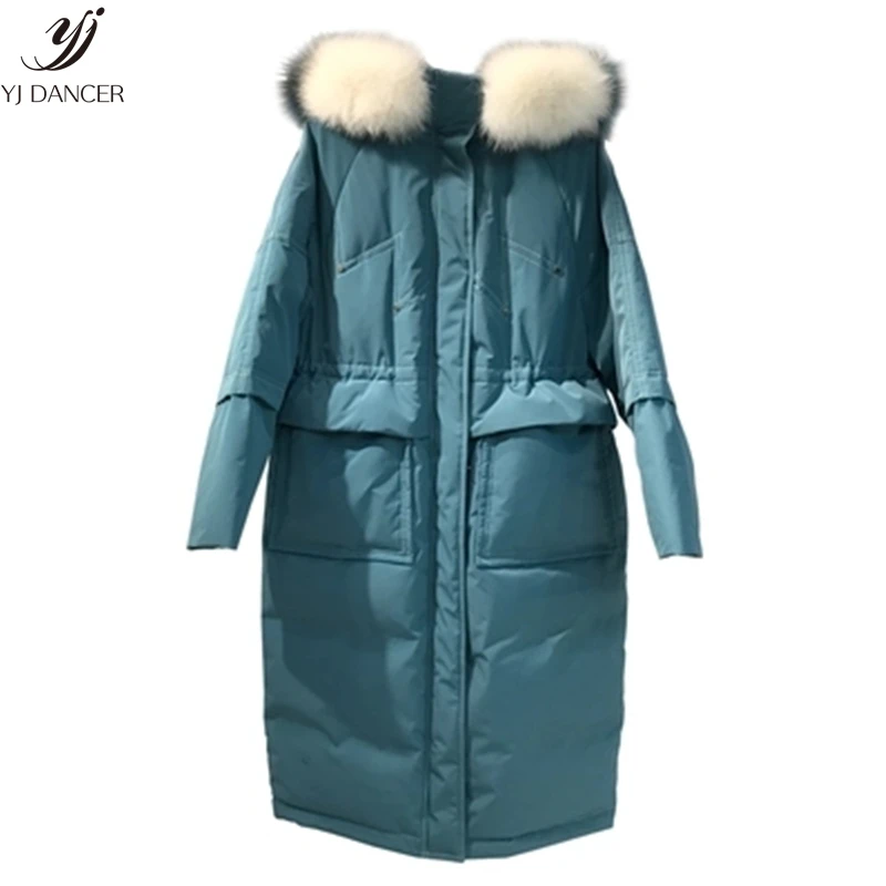 Пуховик женский 2018 зима новый свободный карман модный пуховик длинный участок большой меховой воротник толстое теплое пальто с капюшоном