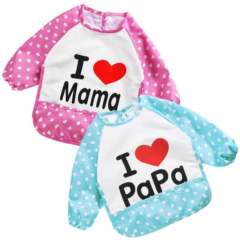 

1 pc Blue/Pink Baby Bibs Burp Children cute Letter Drawing Eating Feeding cloths Waterproof Long Sleeve Infant Newborn Bib Apron