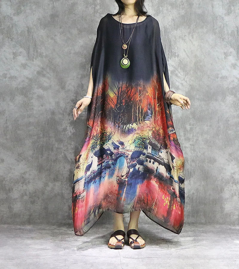 Новое Стильное повседневное Оригинальное Ретро женское платье с рукавом «летучая мышь», летнее Свободное длинное женское платье размера плюс с круглым вырезом