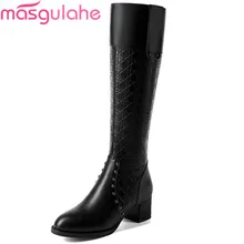 Masgulahe Черный Женские ботинки с круглым носком на молнии обувь на квадратном каблуке натуральная кожа+ PU женские сапоги rivte корова кожаные сапоги до колена
