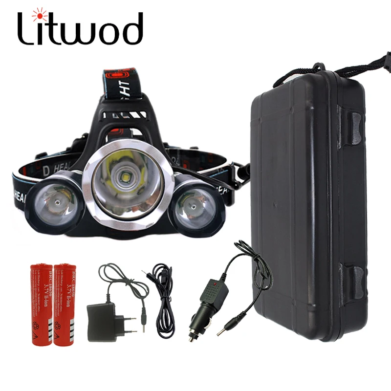 

LitwodZ30CREE XML 3T6 LED Headlight Headlamp 8000Lm Head Lamp flashLight 4mode torch 2x18650 batteries USB car charger toolbox