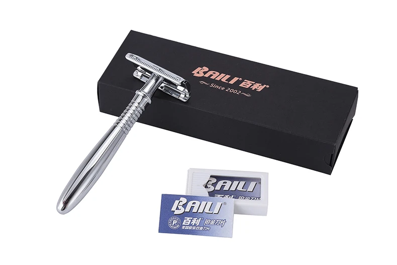 BAILI Manual Chrome Long Handle Men's Barber Shaving Safety Blade Razor Classic Stainless Shaver +5 Blades +Case BD191