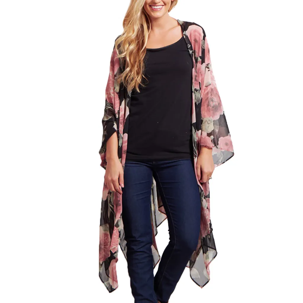 Lâche Taille Dames Floral pt Châle Grande Mousseline Top Beachwear En Imprimé Cover Vêtements Femmes Blouse Longue Up Rose D'été Décontracté Kimono ZgOdqgy