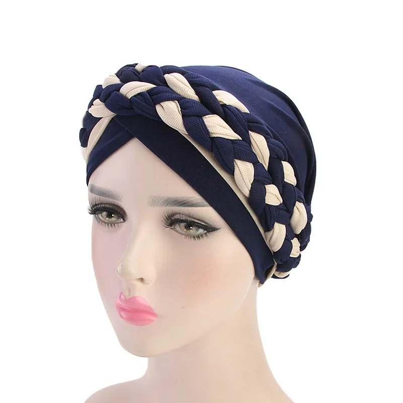 Мусульманский двойной цвет Косы Эластичный Тюрбан рюшами волос шапки бини банданы шарф головной убор Головные уборы для женщин 08