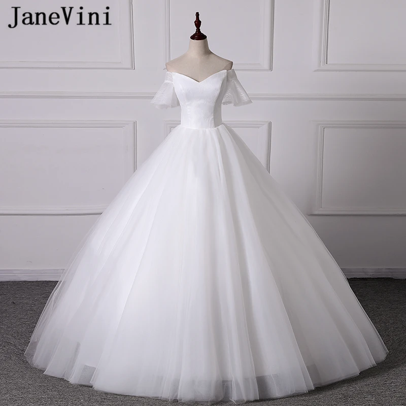 JaneVini 2019 Простые Свадебные платья V шеи Кружева короткий рукав пышные кружевные свадебные платья Белый Элегантное Пышное Бальное Платье