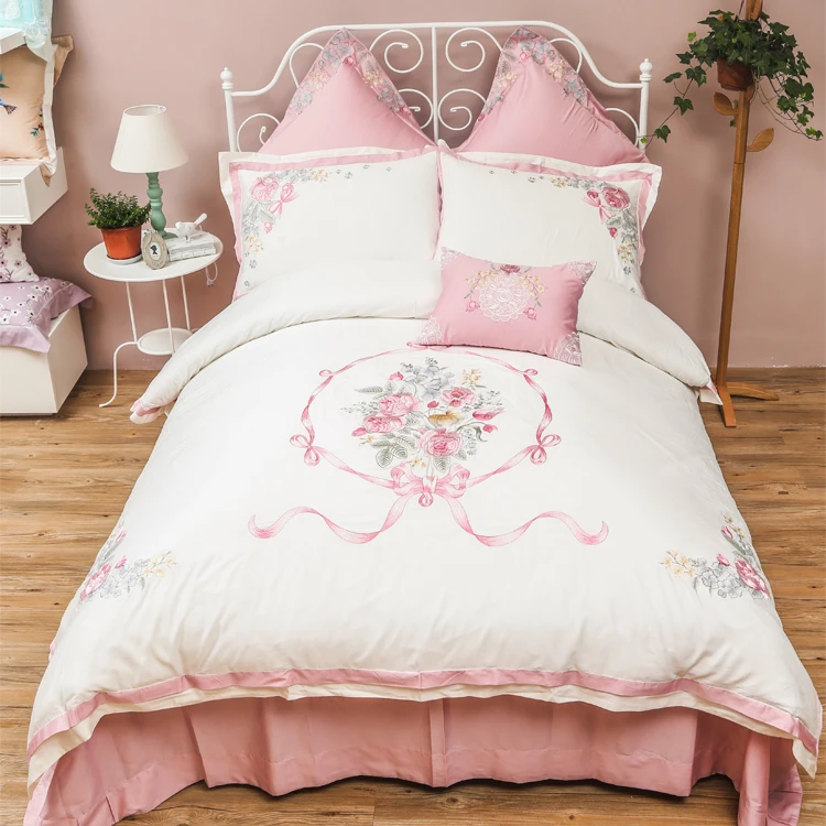 

60S Egyptian cotton Luxury rose embroidery 4PCS duvet cover flat sheet pillow case set/wedding bedding sets