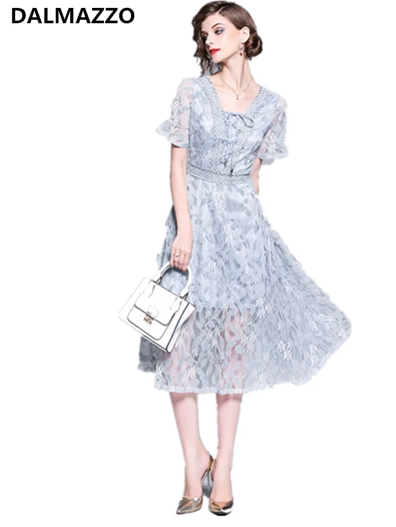 High end Design Women Fashion Lace Slim Short Sleeve V Neck Dress