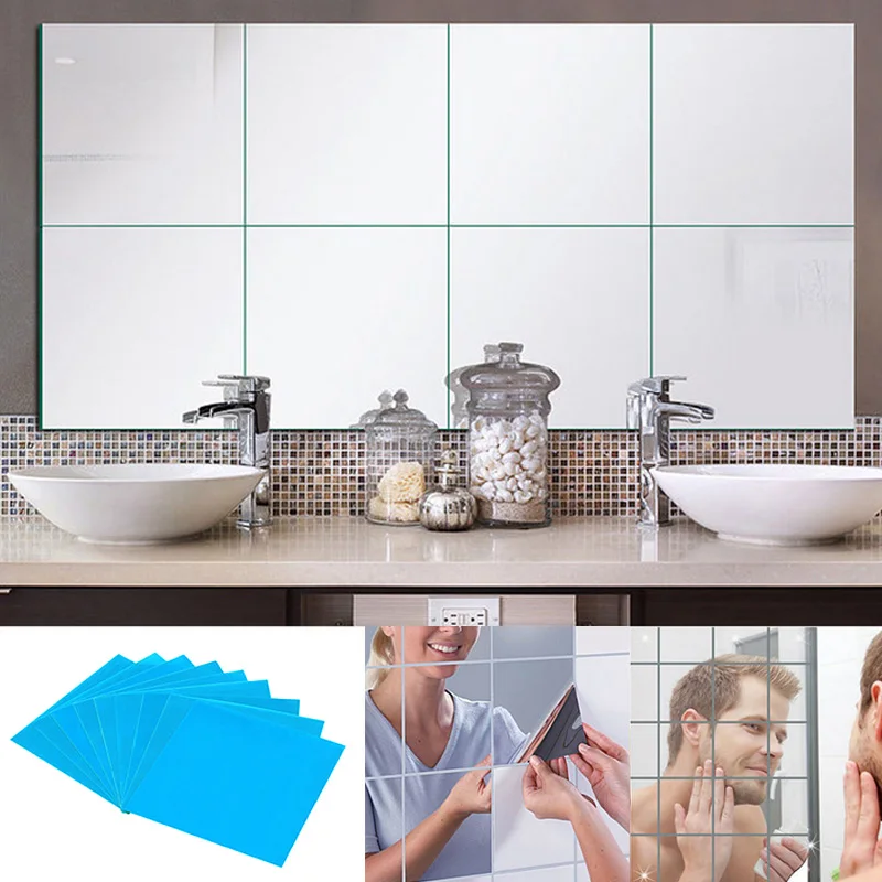 Home kitchen 32 Pcs Mirror Tile Wall Sticker Square Self Adhesive Room