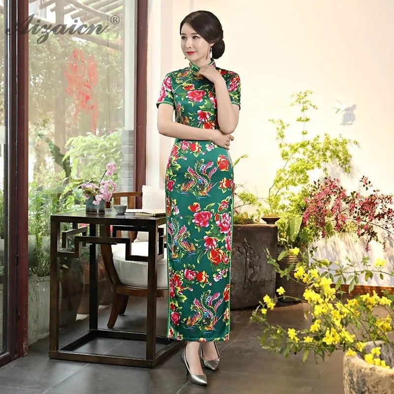 2019 новые летние печати Длинные Cheongsam современный Chinoise Зеленый Мать Ци Пао для женщин китайское традиционное платье Женская Роба в