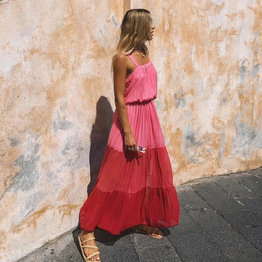 

Women Long Dress Patchwork Sleeveless High Waist Sexy Ladies Evening Party Clubwear Femme Casual Beach Summer Long Dress