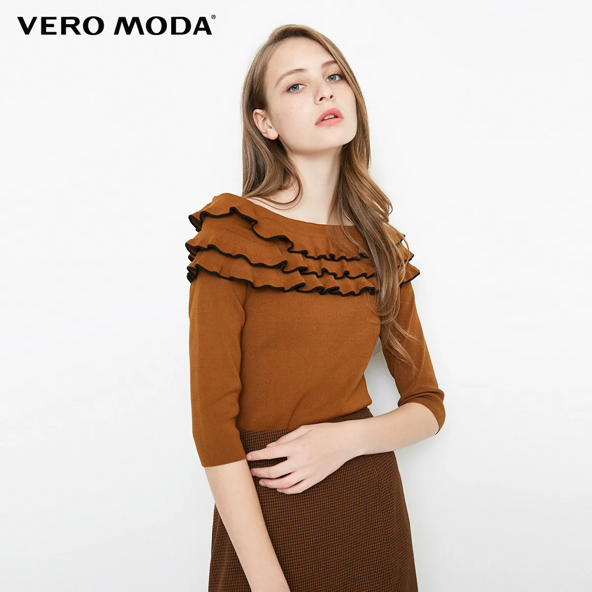 Vero Moda Женская с оборками лодочкой шеи 3/4 рукава вязаный свитер | 318324532 - Цвет: Burnt caramel