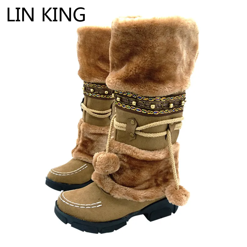 LIN KING модные женские зимние сапоги до колена на платформе украшенные бусинами теплые зимние сапоги на меху размеры 35-40