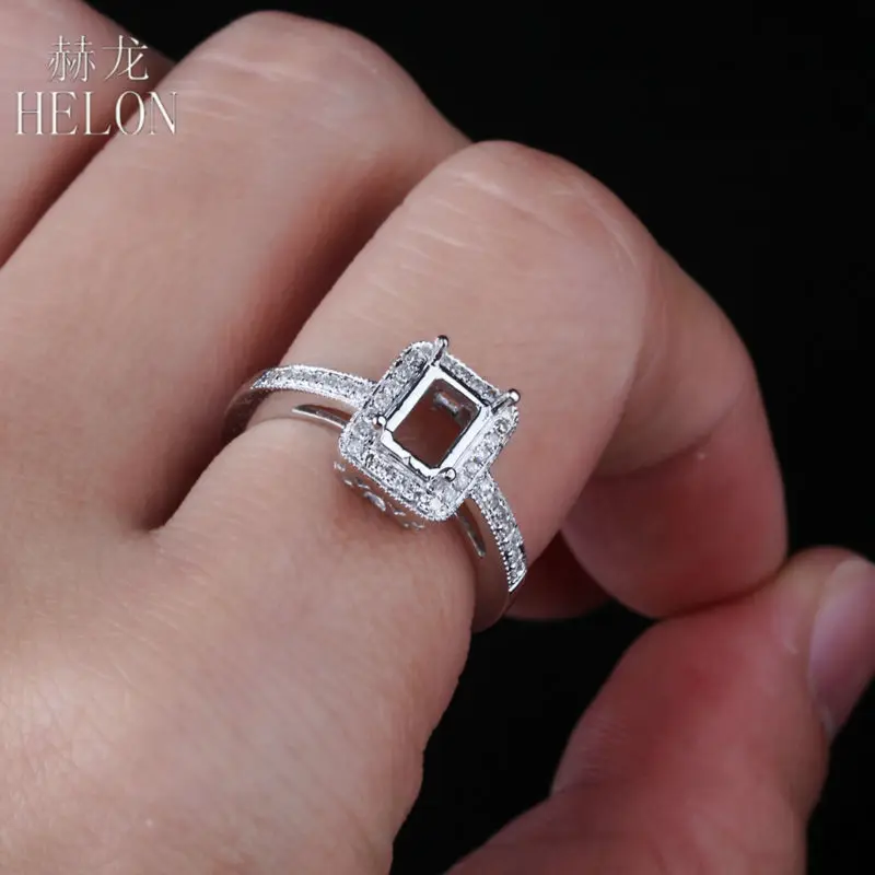 HELON 4x6 мм Изумруд проложить 0.26ct бриллианты вечность помолвка Свадьба Винтаж полукрепление кольцо одноцветное 14 к белое золото женское кольцо