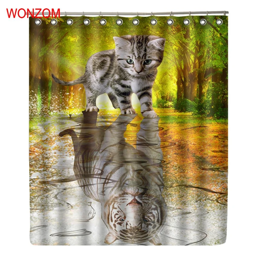 

WONZOM Cat Inverted Tiger Modern Polyester Waterproof Accessories Shower Curtains For Bathroom Fabric Bath Curtain With Hooks