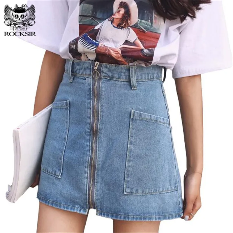 

Rocksir 2018 Harajuku Ring Zipper Denim Skirts Spring Summer Women Casual High Waist Skirt Girl Casual Pocket A-line Jeans Skirt