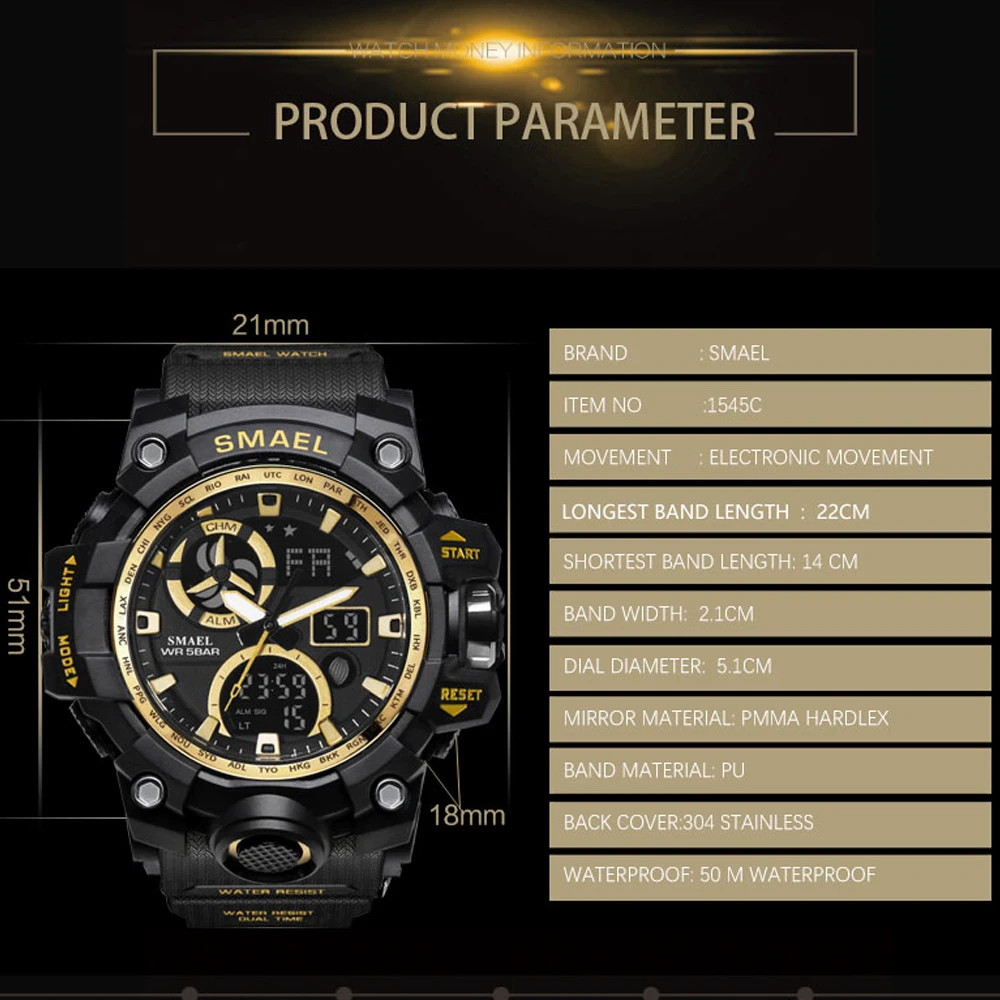 SMAEL Waterproof Military Men's Watches Sport Digital Watch Men Wristwatches Dual Display Quartz Wa
